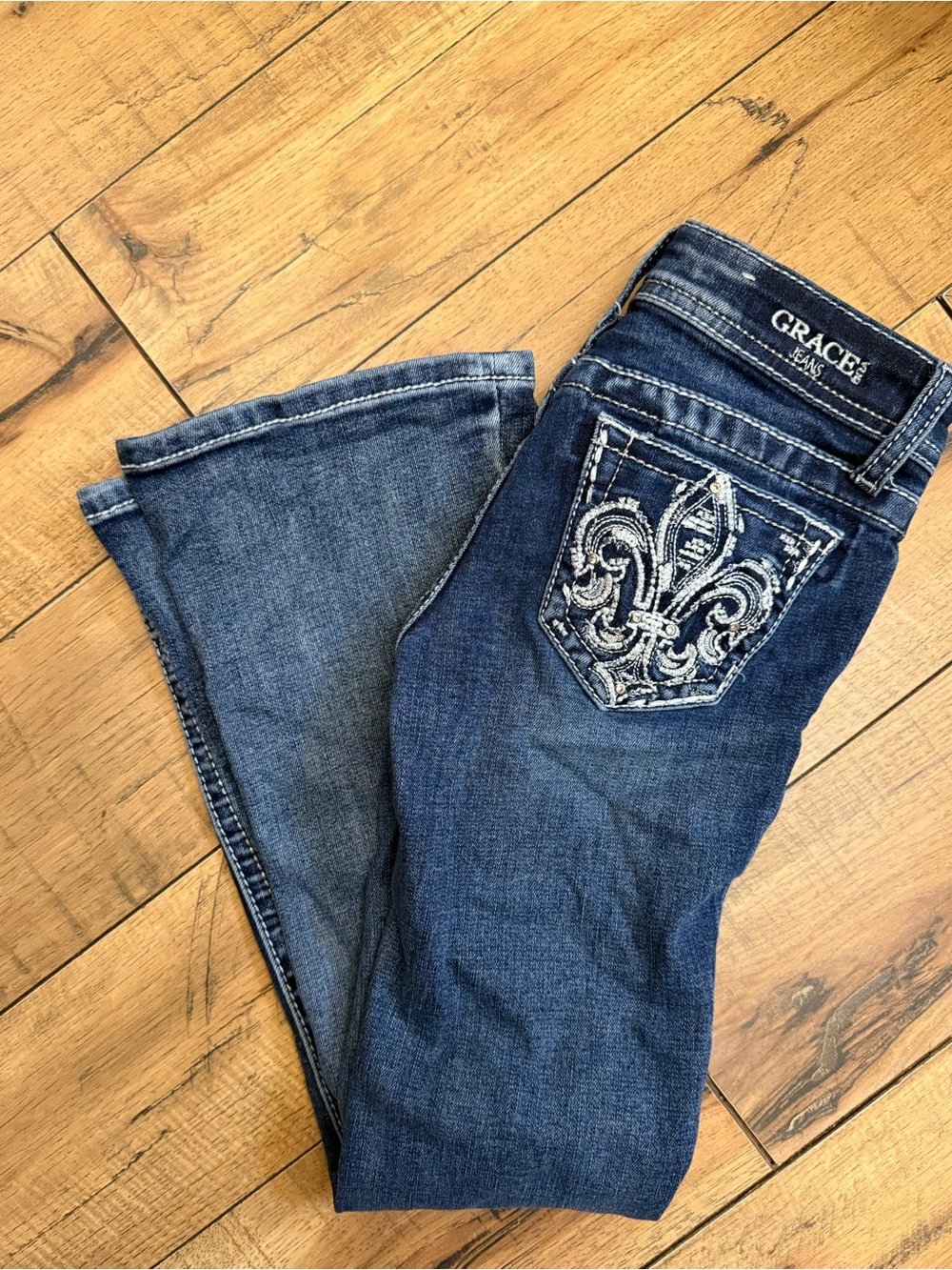 Grace in LA Dark Blue Bootcut Jeans with Embroidered Pocket